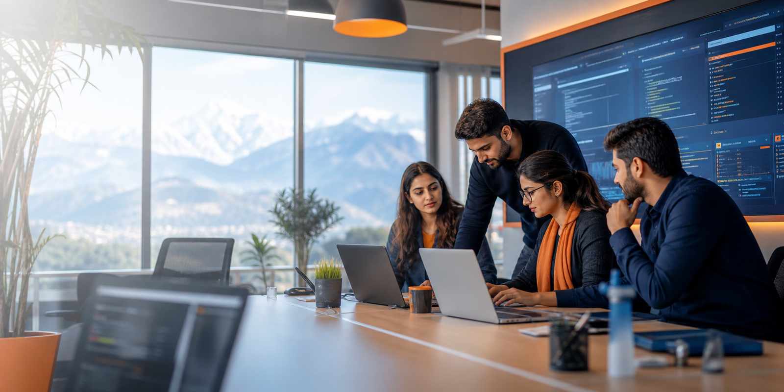 Technology professionals collaborating in a modern SI Integrated Technologies workspace