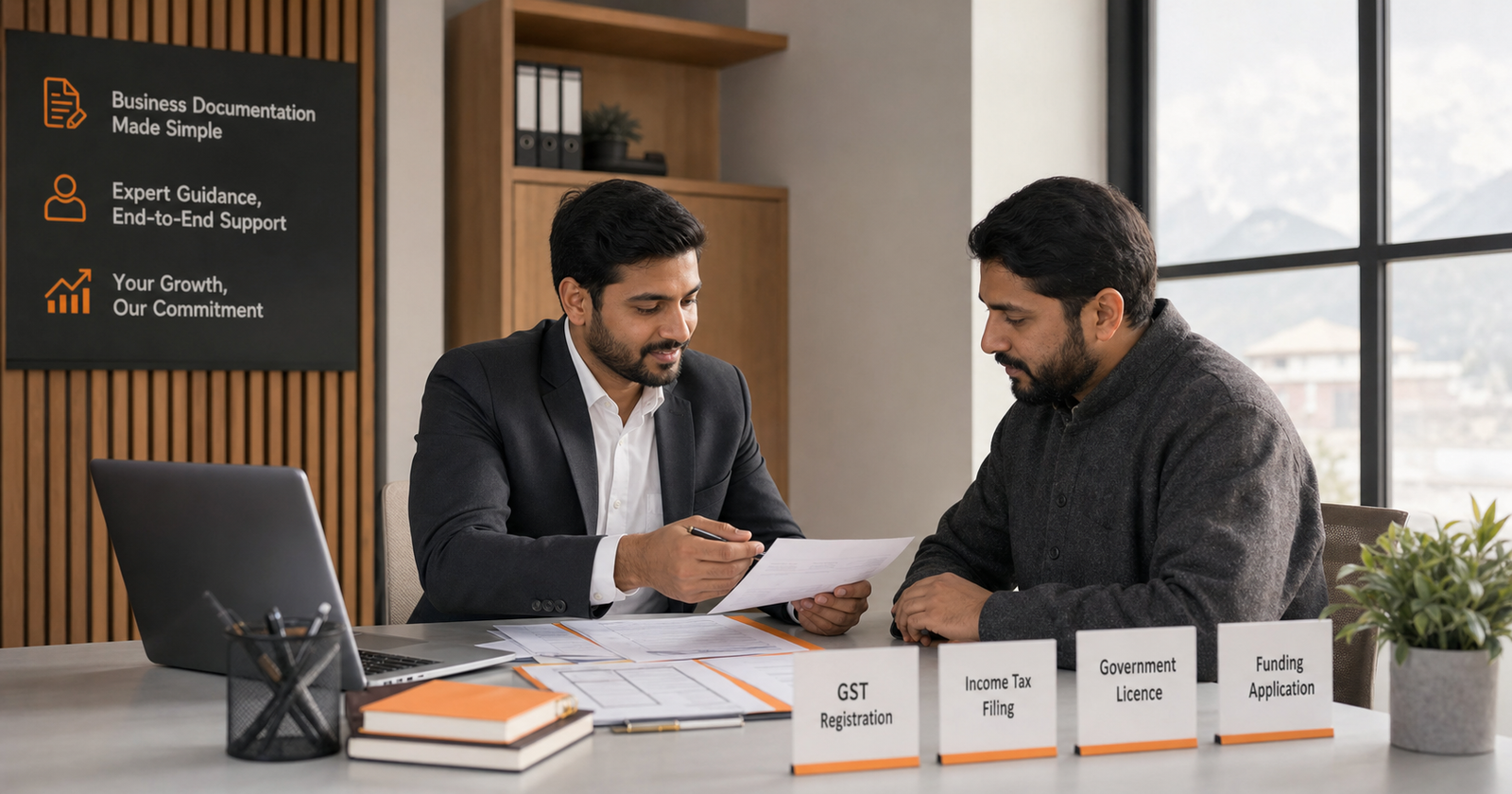 Business consultant assisting a client with registrations and documentation