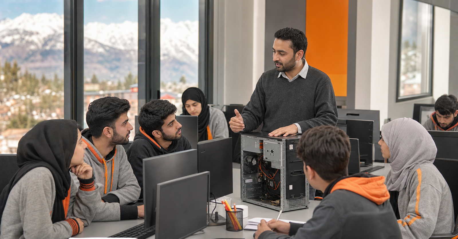 Instructor providing practical computer hardware training to students